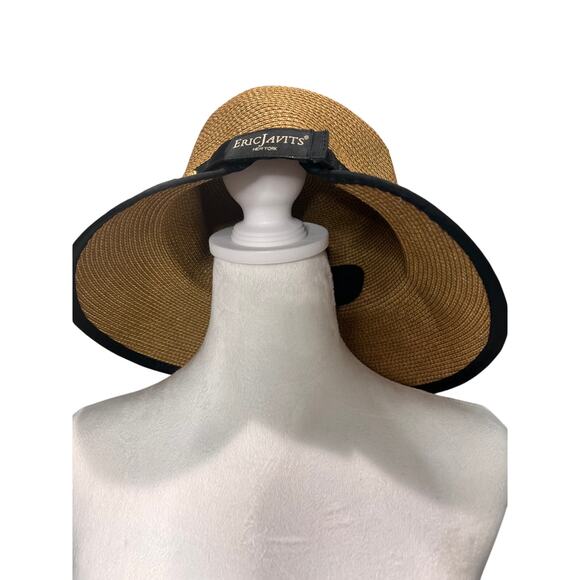 Eric Javits Visor Adjustable Straw Hat UPF 50+ Beige Black Packable Sunbust Bow - Picture 6 of 11